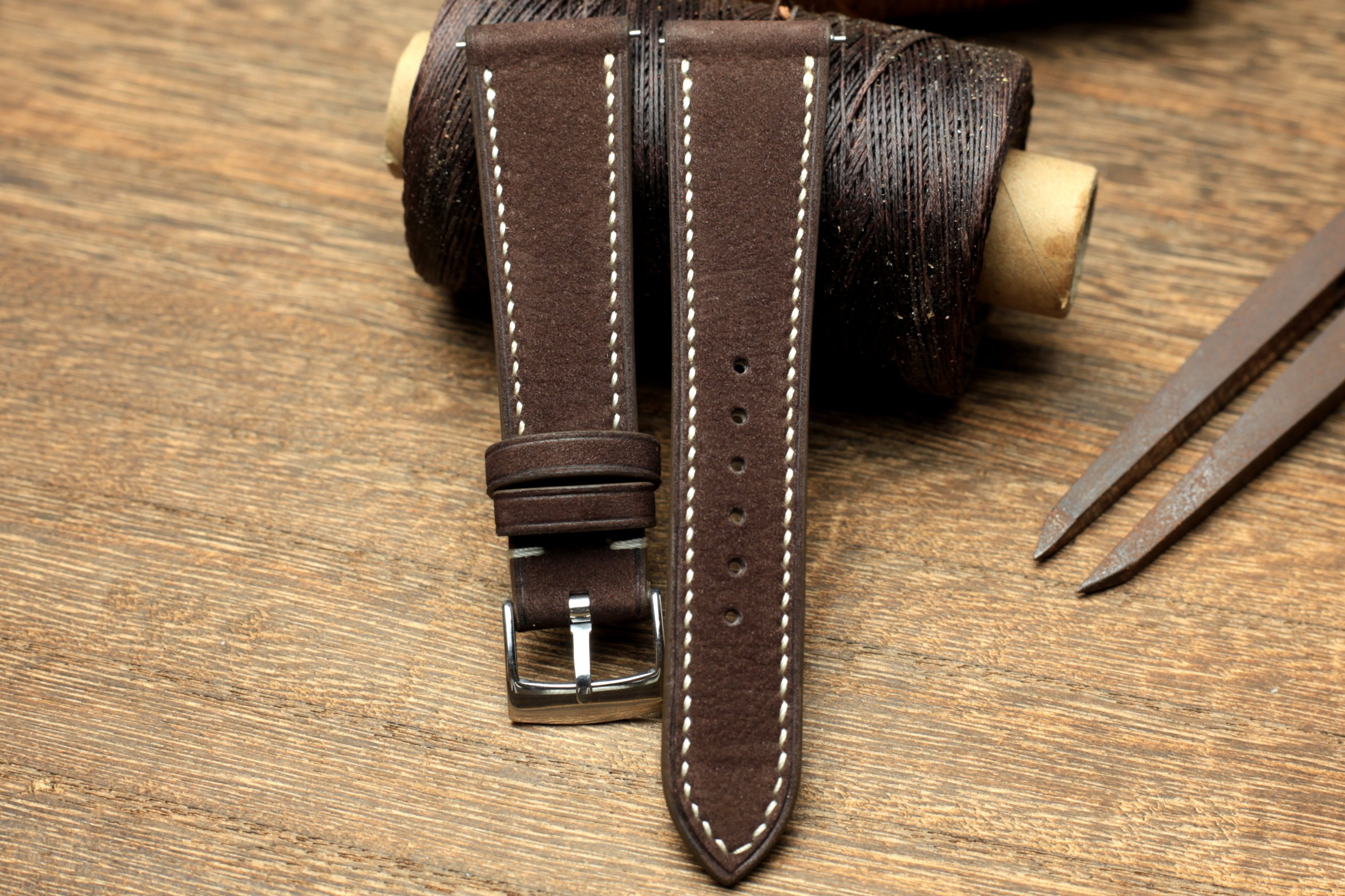 Leather Watch Strap, Dark Brown Nubuck Leather Watch Band