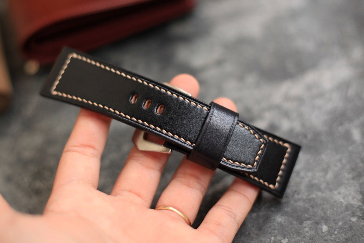 Handmade Black Veg-Tan Leather Panerai Watch Strap