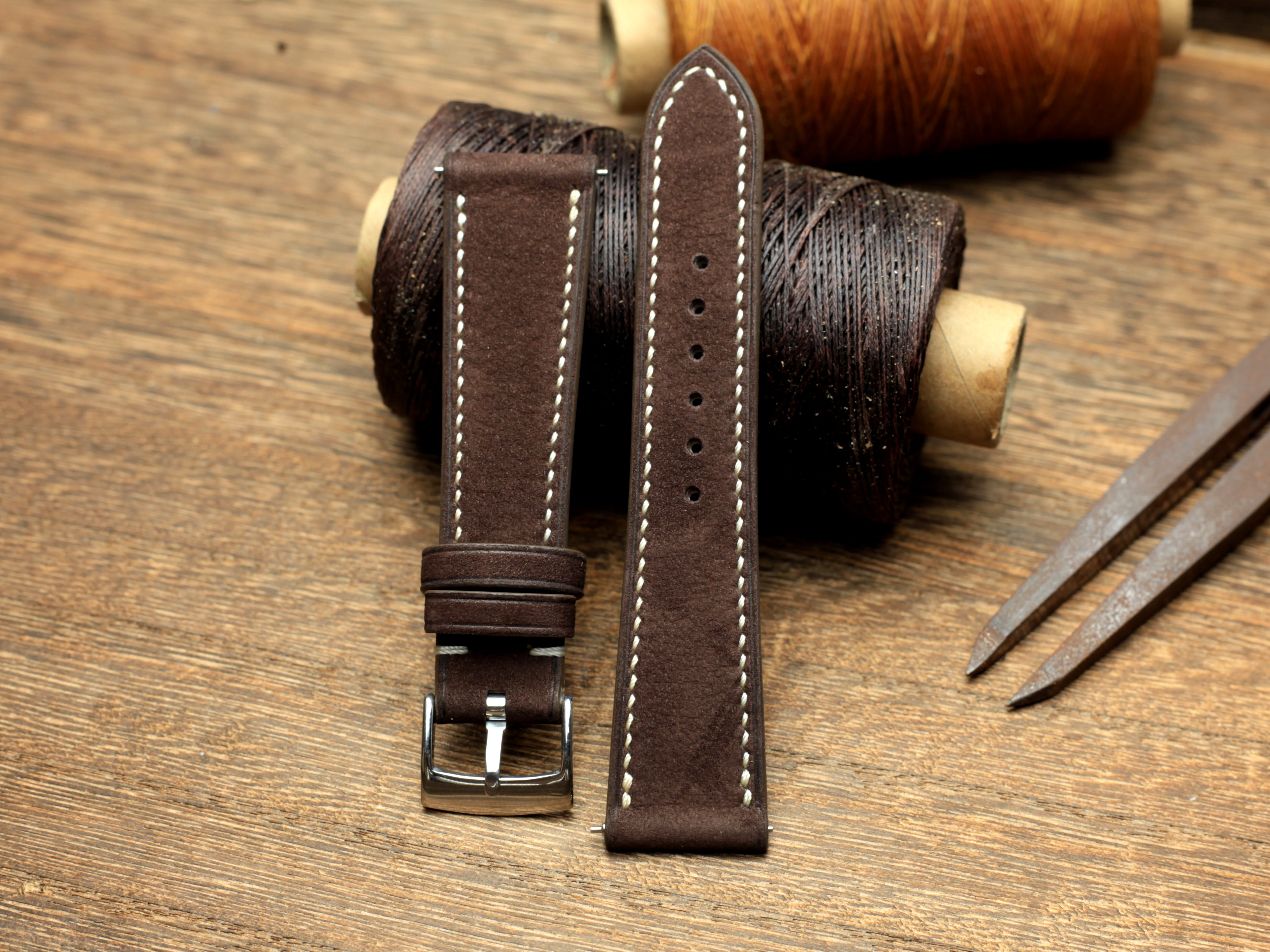 Leather Watch Strap, Dark Brown Nubuck Leather Watch Band