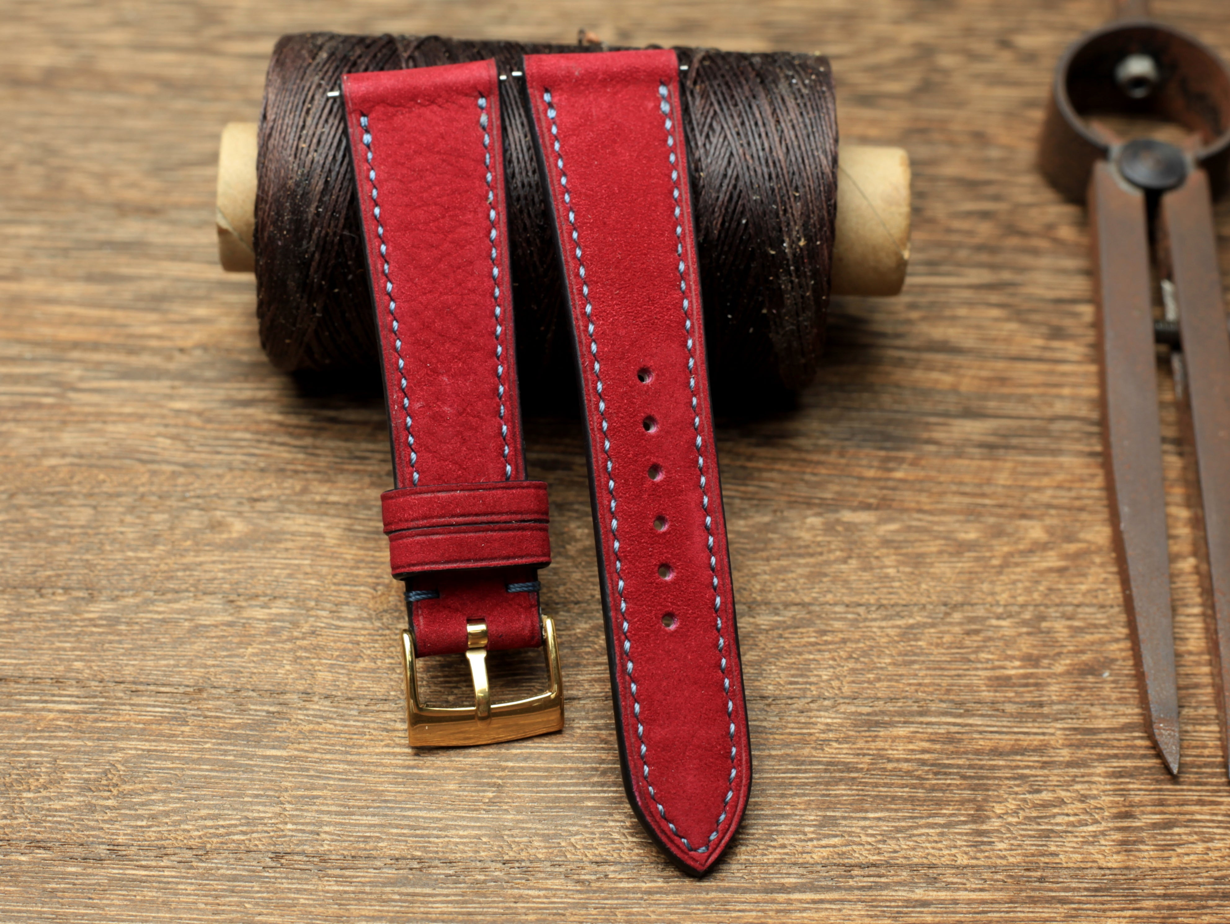 Nubuck Red Cherry Leather Watch Strap, Handmade Watch Band, Quick Release Spring Bar