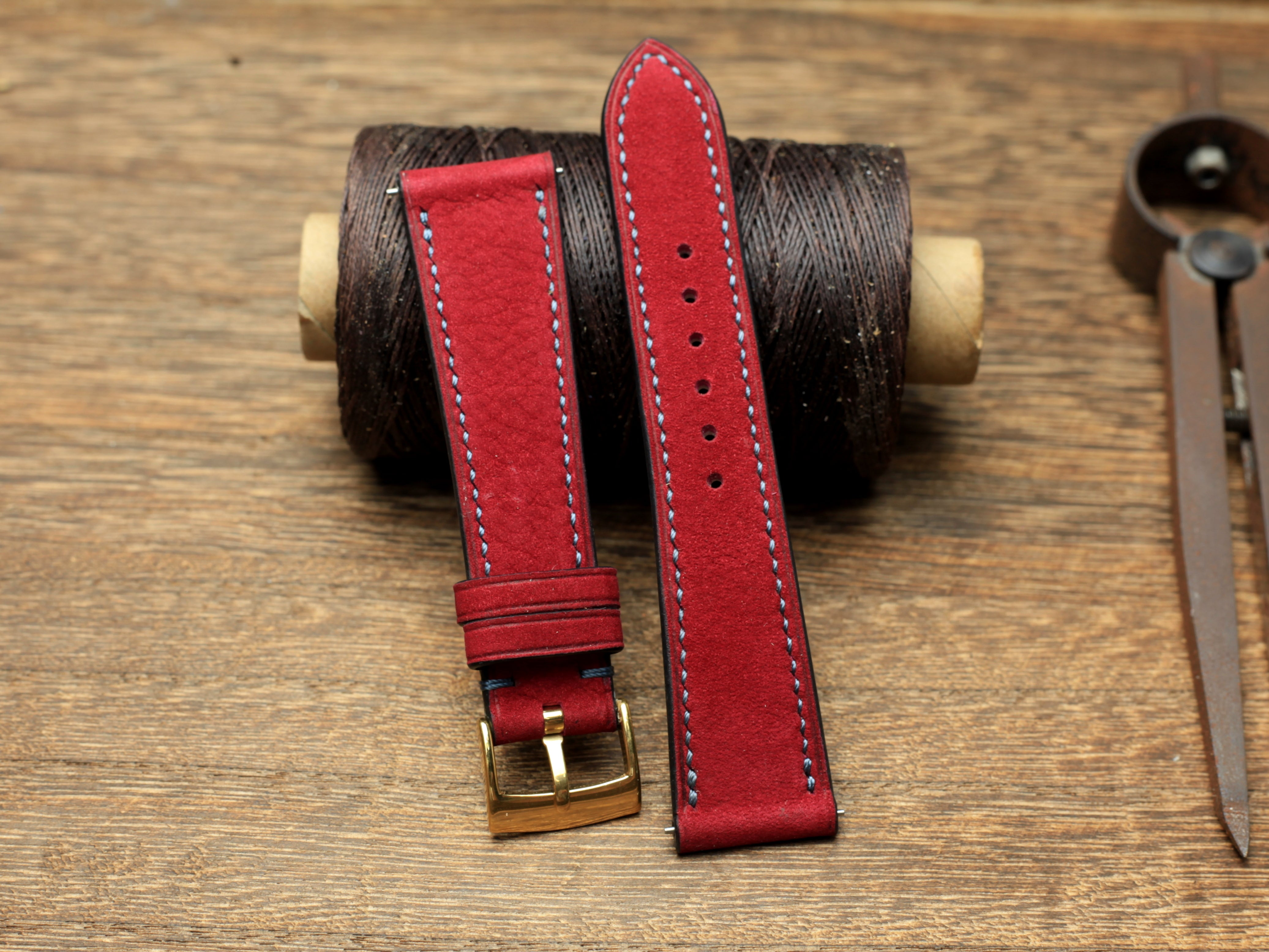 Nubuck Red Cherry Leather Watch Strap, Handmade Watch Band, Quick Release Spring Bar