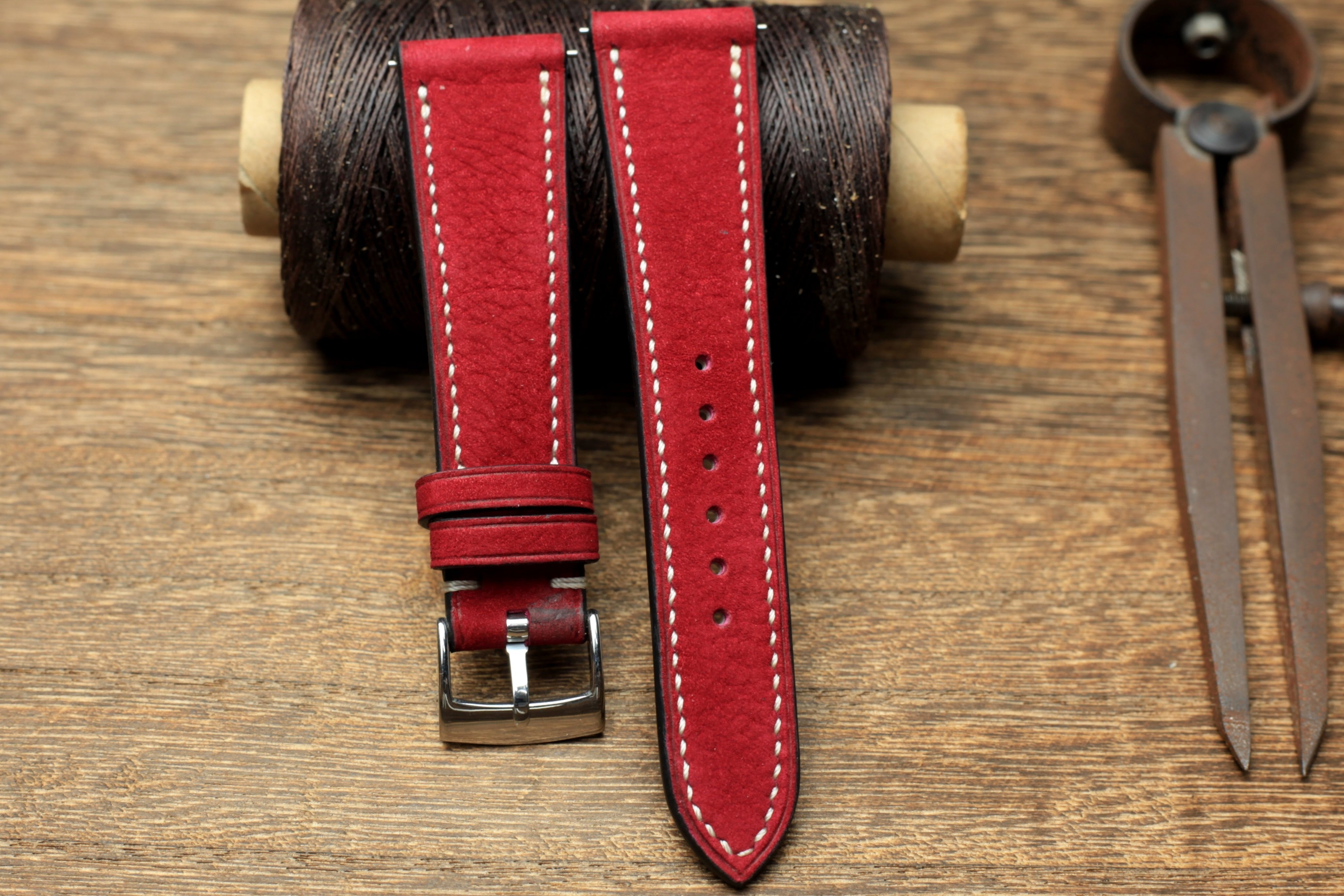 Nubuck Red Cherry Leather Watch Strap, Handmade Watch Band, Quick Release Spring Bar