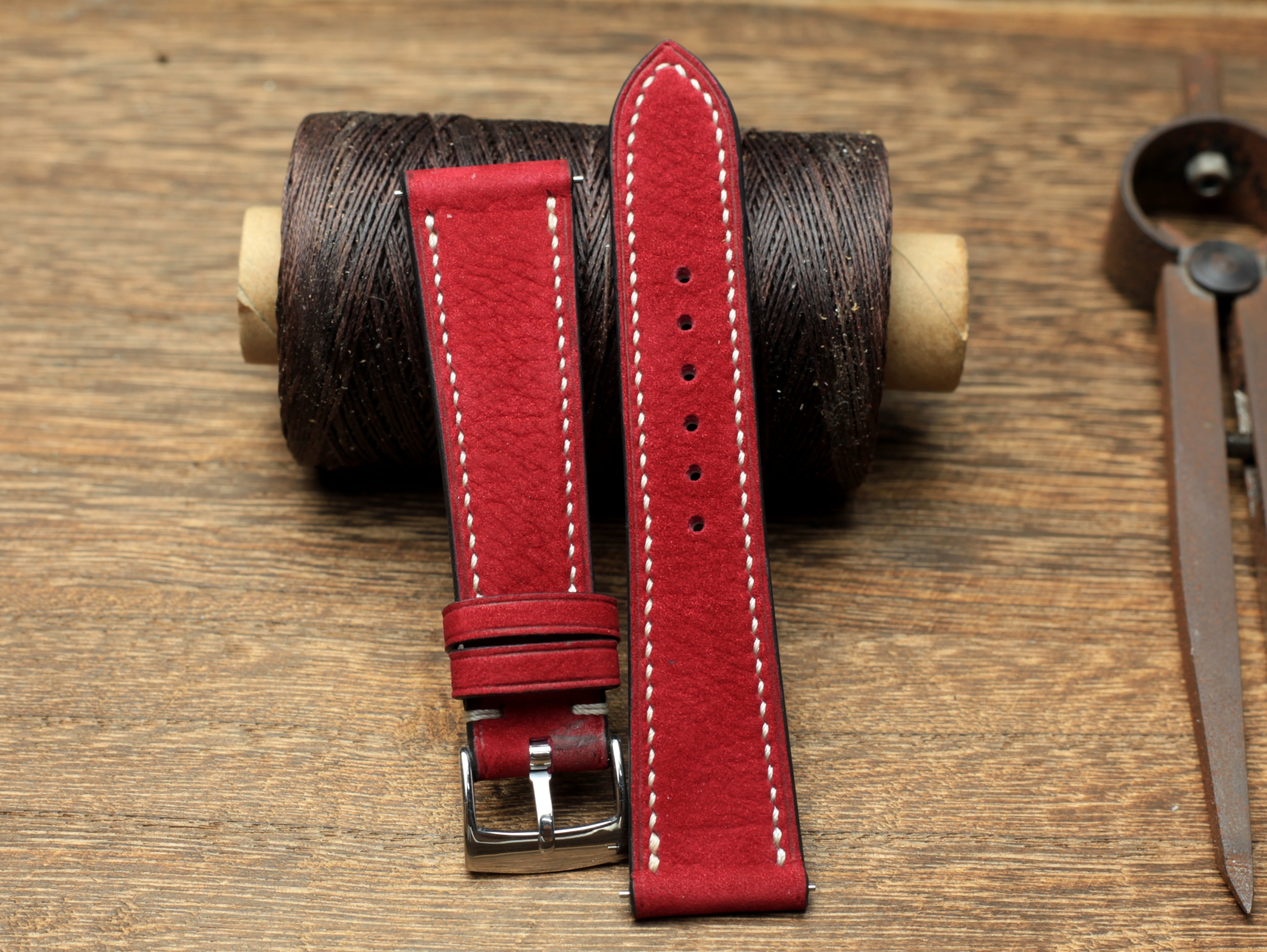 NUBUCK RED CHERRY LEATHER WATCH STRAP, HANDMADE WATCH BAND, QUICK RELEASE SPRING BAR