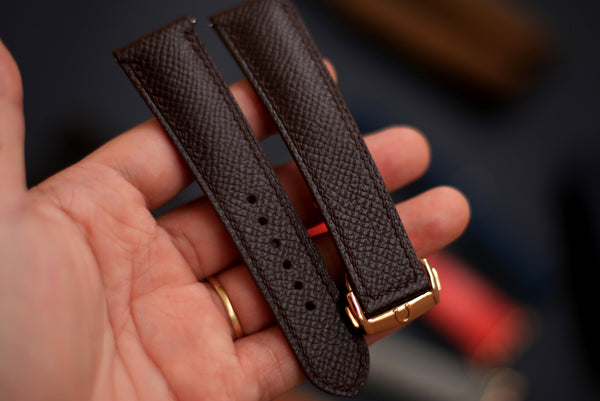 Chocolate Brown Epsom Leather Watch Strap, Omega Deployment Buckle.