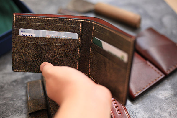 distressed leather bifold wallet