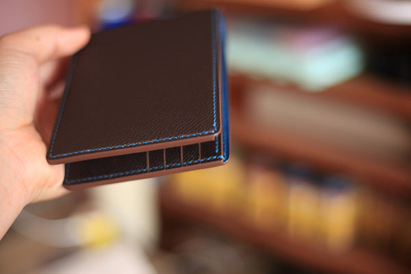 epsom leather bifold wallet brown and blue color