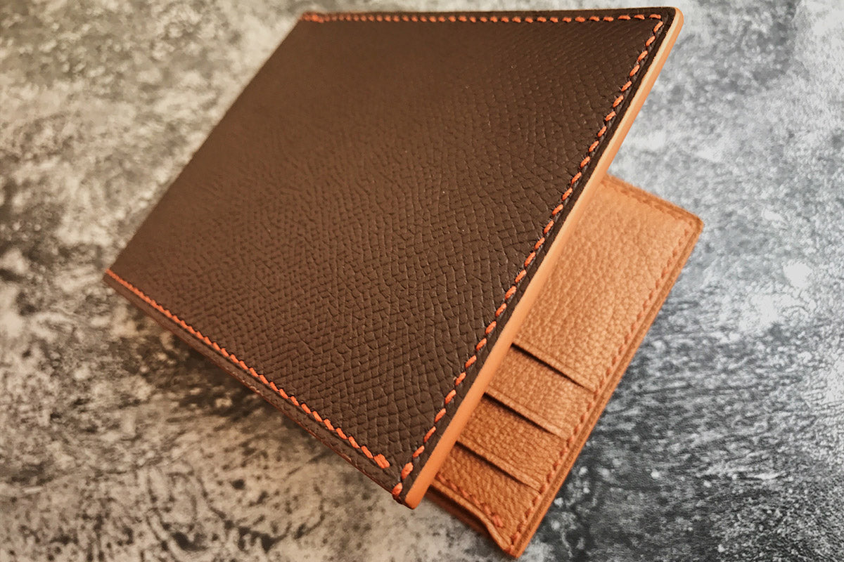handcrafted dark brown orange leather wallet