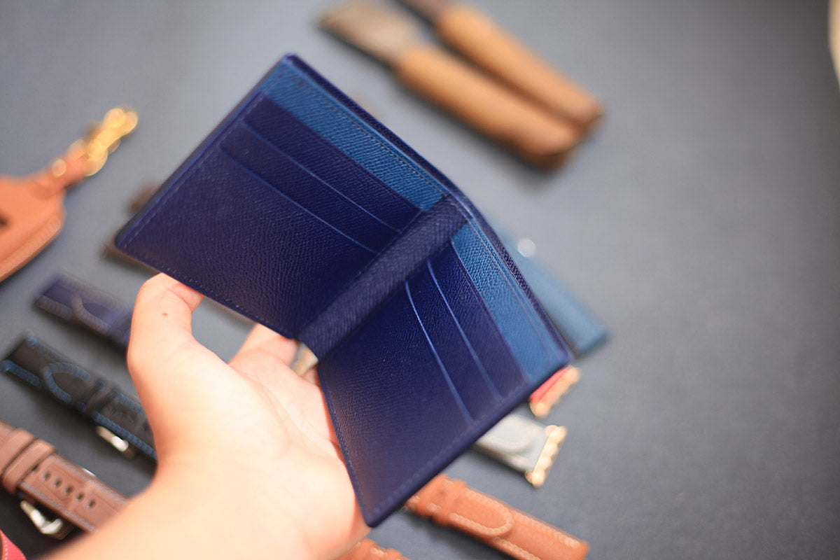 handmade lizard leather bifold wallet brown and navy blue color