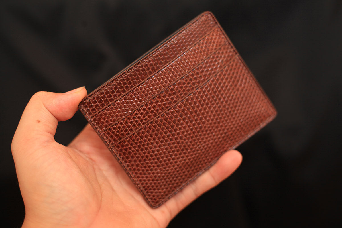 high end brown lizard leather card holder