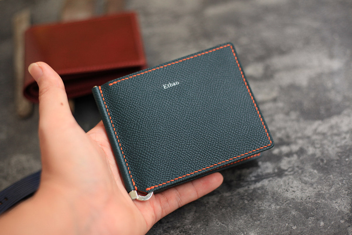 orange green epsom leather money clip wallet