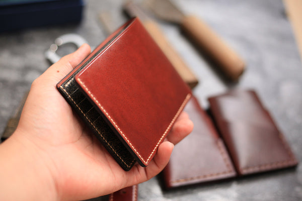 shell cordovan distressed leather bifold wallet