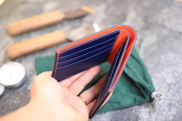 stylish dark blue orange leather bifold wallet